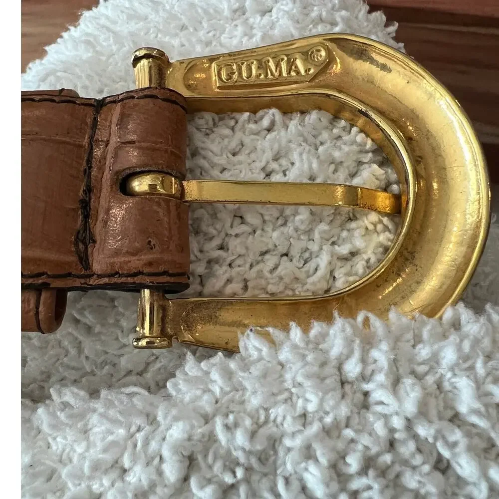 Vintage 90's brown croc-embossed leather belt S gold-toned brass buckle Italian